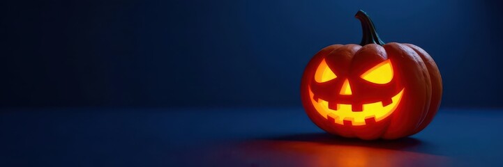 Glowing jack o lantern illuminated in spotlight on dark blue background , pumpkin, lighting
