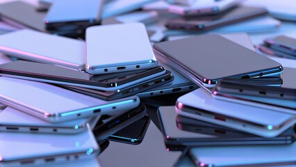 Pile of modern smartphones stacked together showing various colors and charging ports close up