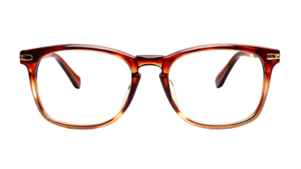 Tortoiseshell patterned eyeglasses with gold accents on a black background isolated on a transparent background