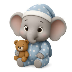 Cute baby elephant in pajamas with teddy bear ready for bedtime Transparent Background
