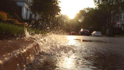 Water splashing near curb, sunny street, cars, homes in distance