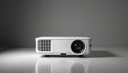 Modern white projector on neutral backdrop. Ideal for presentations conferences. Tech equipment for home cinema. Digital display, multimedia, video entertainment or business.