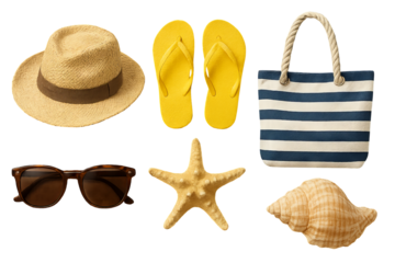 Png set of summer beach accessories including hat, flip-flops, striped bag, sunglasses, starfish, and shell isolated on transparent background. concept of holiday gear, ocean vibe, seaside essentials.