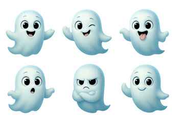 Obraz premium Png set of playful cartoon ghosts with various expressions isolated on transparent background. concept of halloween decoration, spooky characters, cute ghost illustrations.