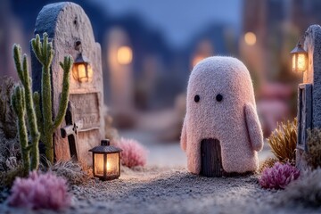 Whimsical ghostly figure in a serene moonlit graveyard setting