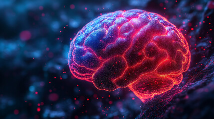 A vibrant, futuristic visualization of the human brain illuminated by colorful neon lights and intricate abstract patterns. The glowing neural networks and dynamic shapes evoke advanced technology, cr