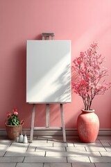 White canvas on easel, pink wall and floral vase