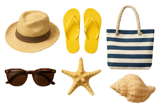 Png set of summer beach accessories including hat, flip-flops, striped bag, sunglasses, starfish, and shell isolated on transparent background. concept of holiday gear, ocean vibe, seaside essentials. - Powered by Adobe