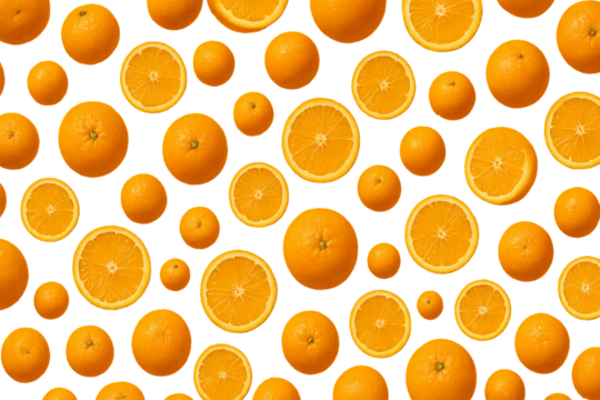 Png set of whole and sliced oranges isolated on transparent background. concept of citrus pattern, fruit design, fresh orange elements, healthy food, kitchen decor.