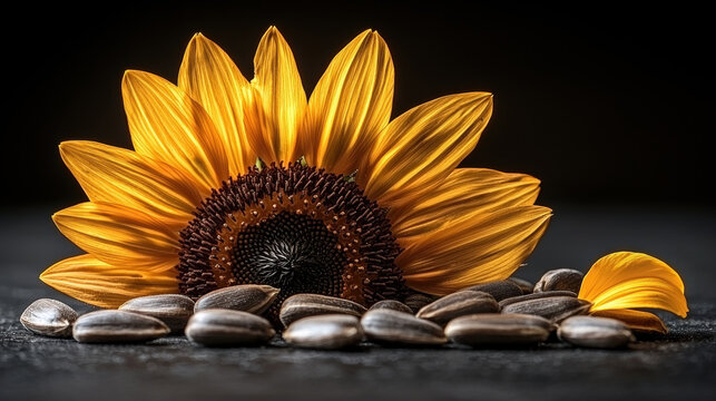 rich dark sunflower seeds are elegantly arranged alongside single yellow petal, highlighting vibrant beauty and blooming potential of seeds in striking advertisement