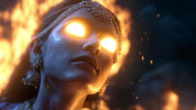 Photorealistic depiction of a woman with glowing eyes amidst flames, embodying the tragic tale of Sati from Hindu mythology, evoking themes of sacrifice and devotion