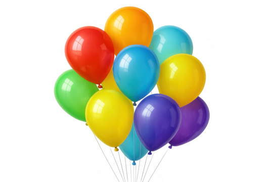 Colorful balloons floating freely, festive design element with transparent background, ideal for celebratory graphics
