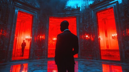 magician stands before grand ornate mirror in surreal setting His reflection shows alternate version, challenging viewer's perception of reality and selfhood