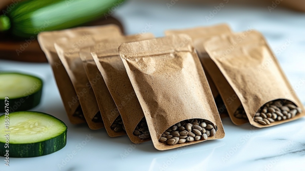 Poster flat white zucchini seeds are showcased in minimalist packet on smooth surface fresh green zucchini 