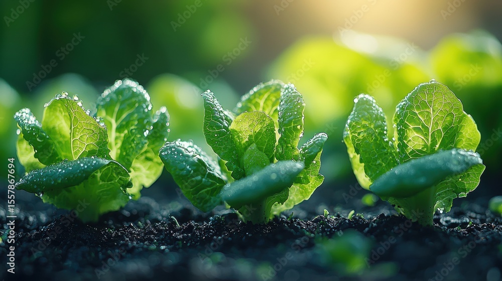 Poster tiny lettuce seeds are meticulously arranged in even row, highlighting their promising uniform growt