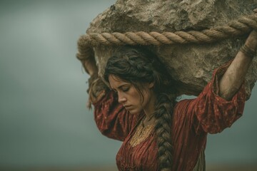 Woman straining under a heavy stone, roped, outdoor portrait