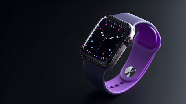 Modern smartwatch close up with black screen and purple strap, digital wearable technology concept for fitness, lifestyle, health monitoring, AI and futuristic design visuals, Generative Ai