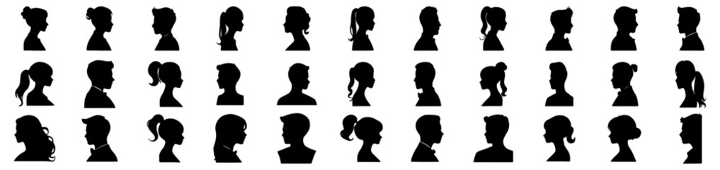 Set of Male and Female Silhouettes in Side Profile – Diverse Hairstyles and Head Shapes