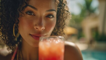 Woman with curly hair near a pool, holding a colorful drink