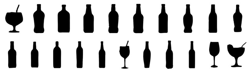 Vector Set of Bottle and Drink Glass Silhouettes – Alcoholic Beverage and Bar Icons