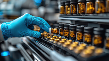 pharmacist wearing sterile gloves counts prescription pills precision using digital dispensing tray in clean, clinical pharmacy environment