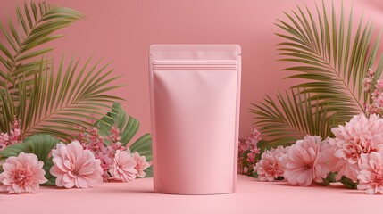 Pink Stand-Up Pouches Mockup with Flowers and Palm Leaves

