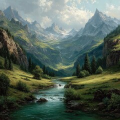 A breathtaking mountain valley with a winding river under a bright sky