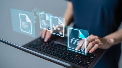 Businessman touching approved document icon on digital documents for approve business project proposals. Quality assurance and online evaluation of business concept