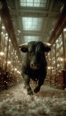 A bull charging forward down a long, ornate hall