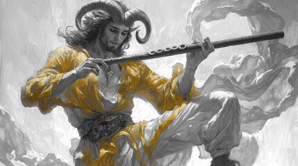 satyr short curved horns and hooved feet plays wooden flute His goat like fur and wild hair contribute mystical atmosphere against pure white background