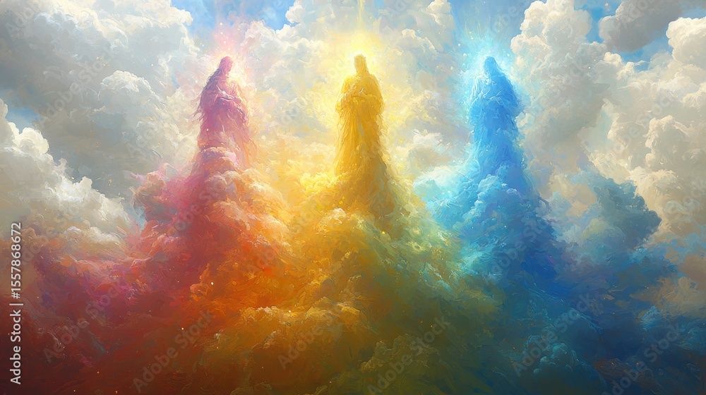 Poster three distinct beams of divine light merge gracefully, symbolizing unity in spirituality soft glowin