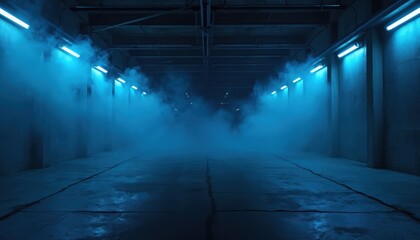 Empty dark garage with neon blue lights, fog. Creepy concrete industrial interior. Moody atmosphere, low-key lighting, abandoned warehouse, horror, scary scene. Futuristic modern design, grunge