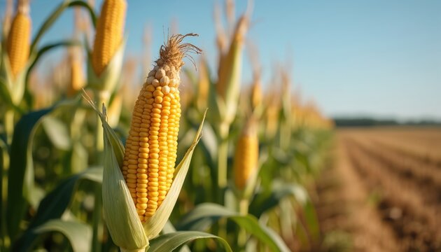 Ripe ear of corn on background of field. Golden maize crop ready harvest season. Agriculture, farming concept. Healthy food. Organic farming. Sunny summer day. Maize farming. Crop production.