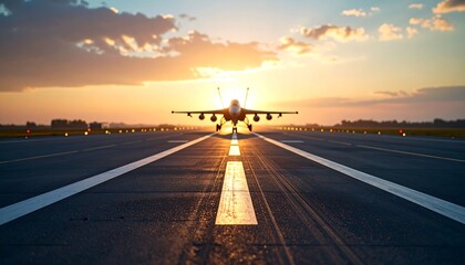 Runway at dawn with U S Air Force markings and aircraft silhouette against golden sky