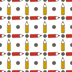 Colorful school pattern with stationery, cartoon style, pencils and erasers, cheerful background.