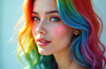 Obraz premium Portrait young woman with colorful rainbow hair and makeup. Vibrant blue eyes, pink blush. Beauty model with creative style, fashion. Perfect look for salon, beauty studio.