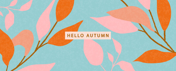 Abstract autumn branches with pink and orange leaves on a blue textured background, for a modern seasonal banner, vector illustration.