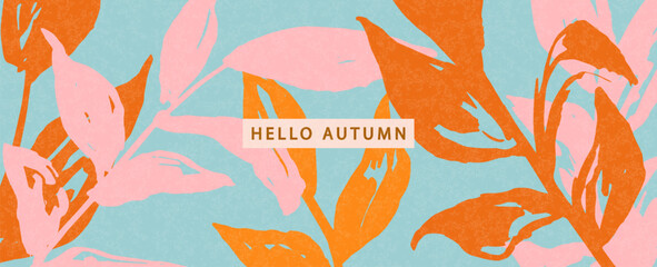 Abstract background with hand drawn autumn leaves of orange and pink color on blue background, for stylish seasonal design, vector illustration.
