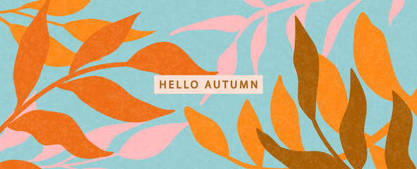 Decorative autumn branches with colorful leaves on a textured blue backdrop, for a fall season web header, vector illustration.