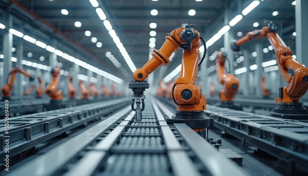 Poster automated factory floor assembly line robots. industrial robotic arms perform tasks. advanced manufa