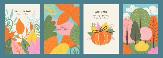 Set of fall season card templates with autumn foliage, a cute pumpkin, and an abstract forest, for cozy social media posts or printable greetings, vector illustration.