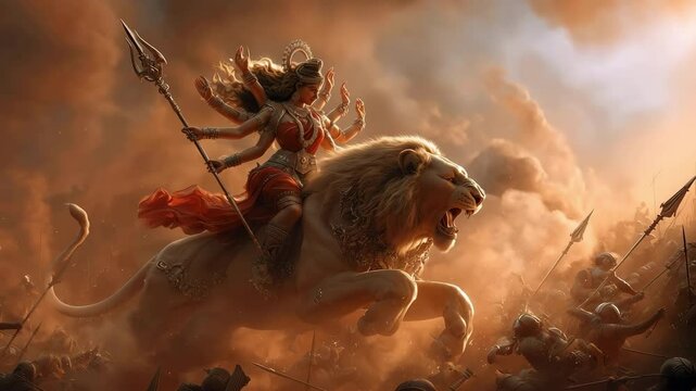 Photorealistic depiction of Durga riding a lion, fierce and majestic, amidst a battlefield. A celebration of strength and divinity from Hindu mythology, symbolizing victory over evil.