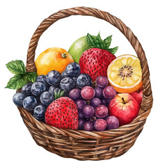 Fresh Summer Fruit Basket, watercolor drawing vector, isolated on a white background.
