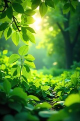 Serene Sunlight Dappling Through Lush Green Leaves in a Vibrant Garden, Perfect for Spring and Summer Nature Themes