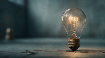 A glowing light bulb shines brightly in a dark room, symbolizing creativity, inspiration, and the spark of new ideas. The blurred background emphasizes focus on the light, representing innovation and 