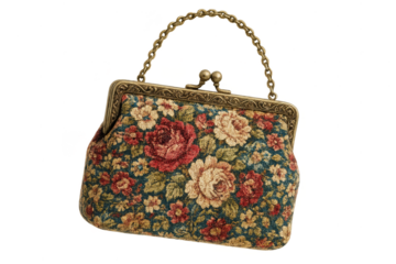 Elegant vintage floral tapestry handbag isolated on transparent background