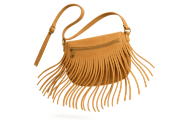 Tan suede fringe shoulder bag isolated on a transparent background.