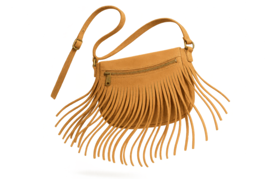 Tan suede fringe shoulder bag isolated on a transparent background.