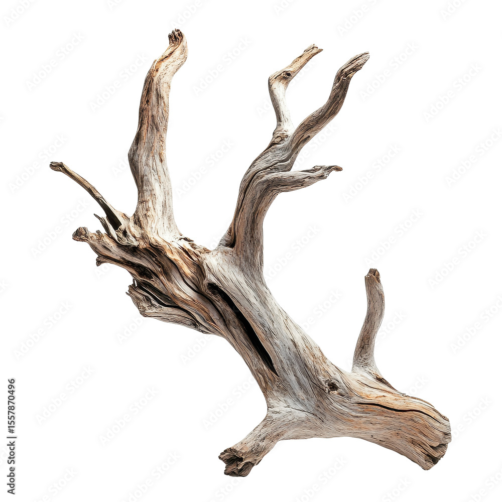 Poster driftwood sculpture with intricate details isolated on a transparent background for artistic display