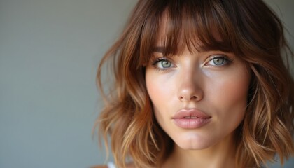 Naklejka premium Brunette woman face with modern shoulder-length shag hairstyle with bangs. Soft, trendy hair cut. Textured layers, warm caramel bronde hair color with soft natural skin makeup. Beauty portrait.
